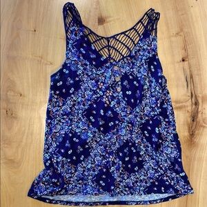 Floral Lace-Trimmed Blue Top